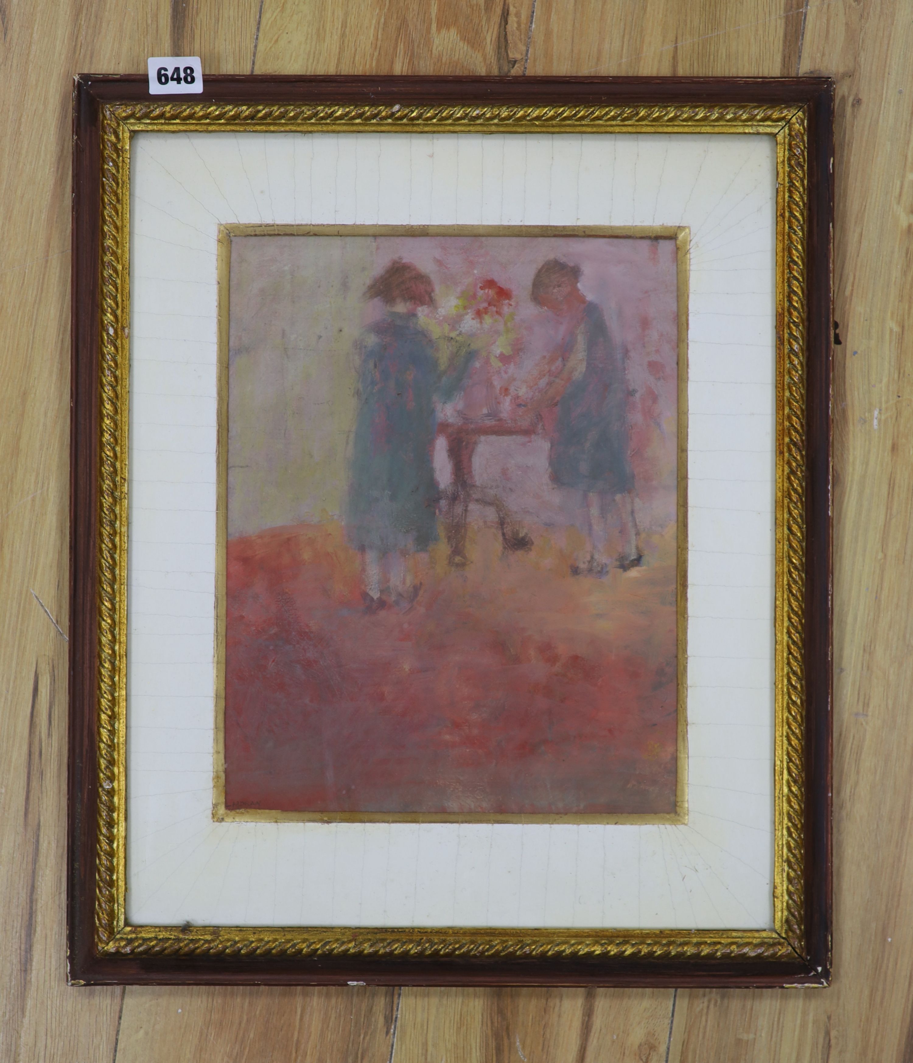 L.Moran, oil on board, figures beside a table, signed, 34 x 26cm.